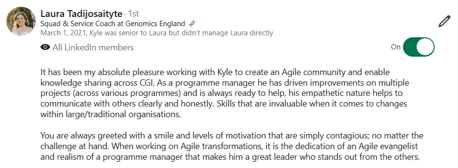 LinkedIn recommendation from Laura Tadijosaityte